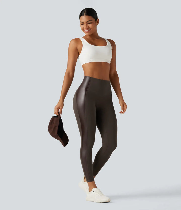 Milejka UltraSculpt z wysokim stanem elastyczny PU modelujące brzuch legginsy do jogi z kieszenią