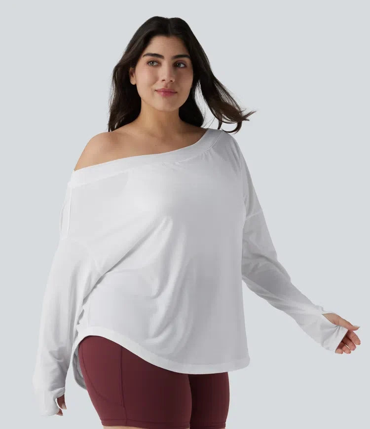 Na jedno ramię z długim rękawem z otworem na kciuk z zaokrąglonym dołem High Low szybkoschnący joga plus size top sportowy-z wbudowanym biustonoszem