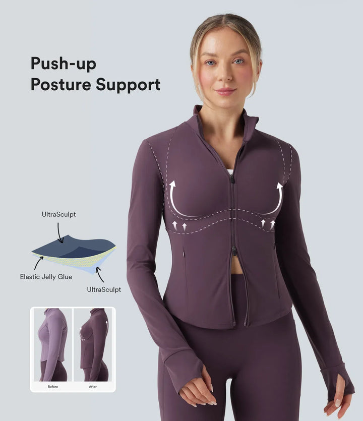 Milejka UltraSculpt z półgolfem push-up z długim rękawem z otworem na kciuk joga kurtka z kieszeniami