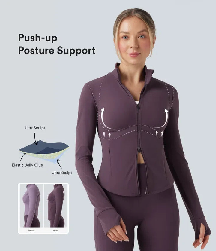Milejka UltraSculpt z półgolfem push-up z długim rękawem z otworem na kciuk joga kurtka z kieszeniami