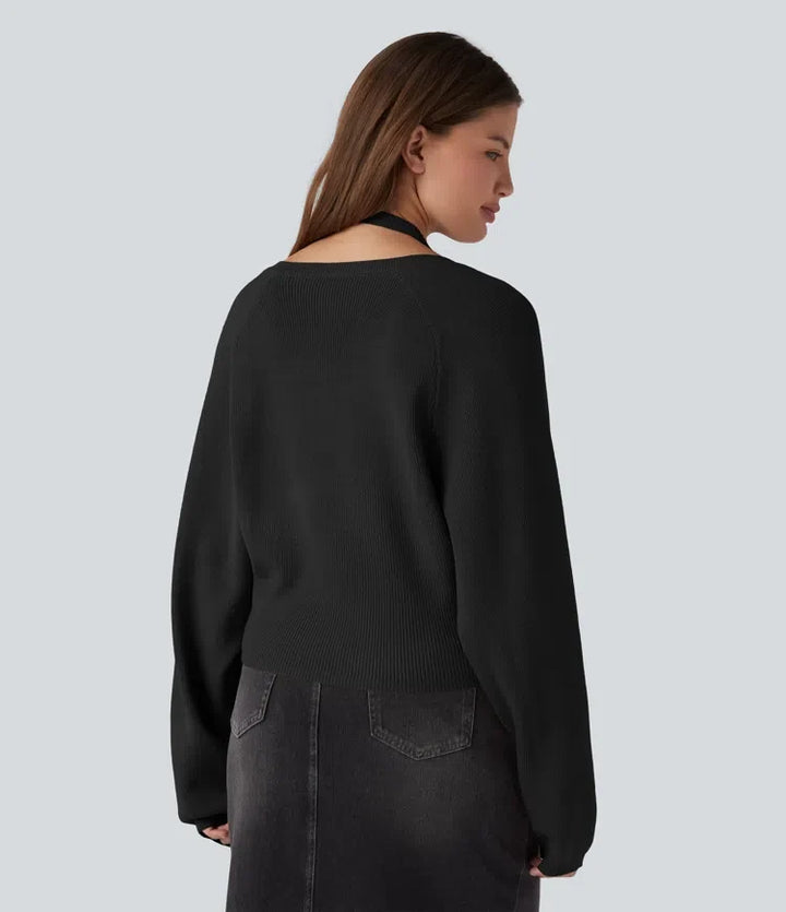 Halter z długim rękawem kopertowy 2-in-1 sweter na co dzień