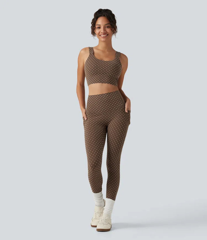 Halara UltraSculpt flockowane legginsy treningowe z wysokim stanem, modelujące brzuch, w groszki, z kieszeniami