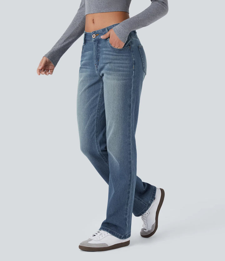 Halara Flex niskie, prane casualowe dżinsy bootcut z kieszeniami na zamek