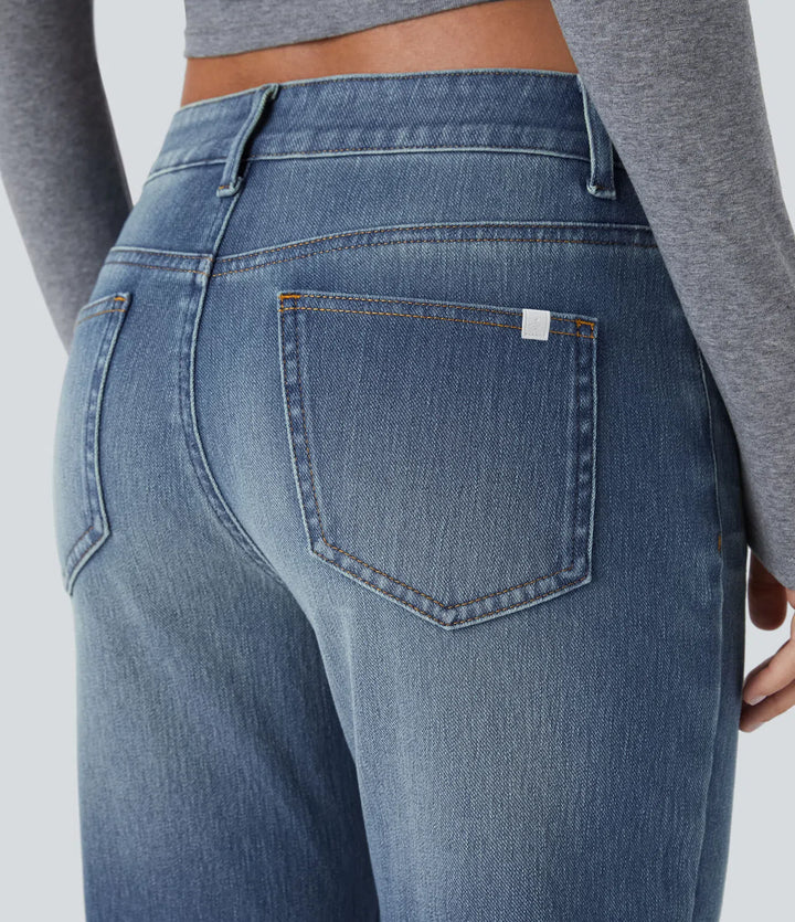 Halara Flex niskie, prane casualowe dżinsy bootcut z kieszeniami na zamek