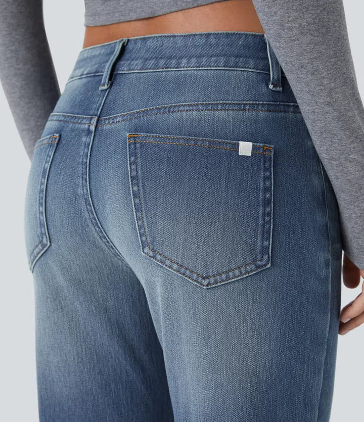 Halara Flex niskie, prane casualowe dżinsy bootcut z kieszeniami na zamek