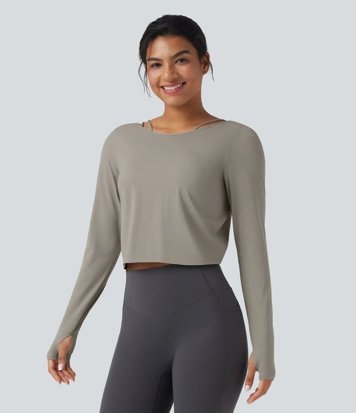 SoftlyZero QuickDry z odkrytymi plecami skręcany tył z długim rękawem z otworami na kciuki 2-in-1 joga top sportowy