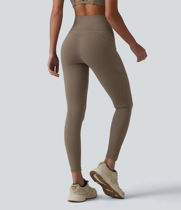Halara UltraSculpt legginsy do jogi 7/8 z wysokim stanem, z kontrolą modelującą brzuch, z kontrastowym prążkowaniem i kieszeniami.