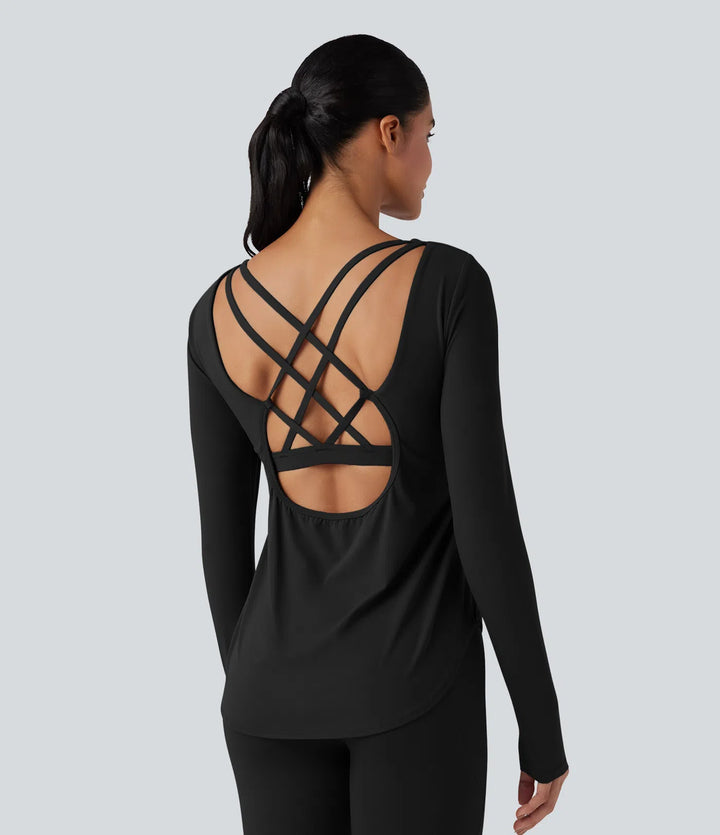 Halara UltraSculpt sportowy top treningowy z krzyżowanymi, odkrytymi plecami, długim rękawem i zaokrąglonym dołem