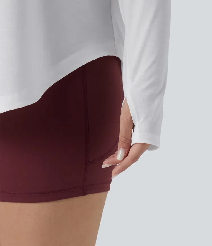 Na jedno ramię z długim rękawem z otworem na kciuk z zaokrąglonym dołem High Low szybkoschnący joga plus size top sportowy-z wbudowanym biustonoszem