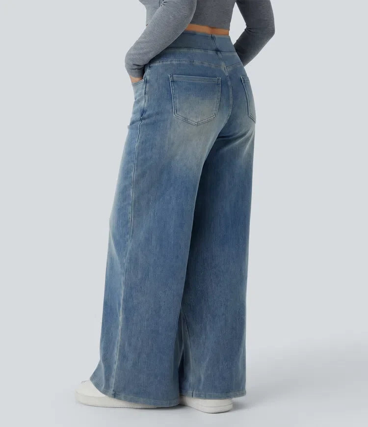 Milejka Flex z wysokim stanem i kieszeniami baggy z szeroką nogawką sprany na co dzień plus size jeansy