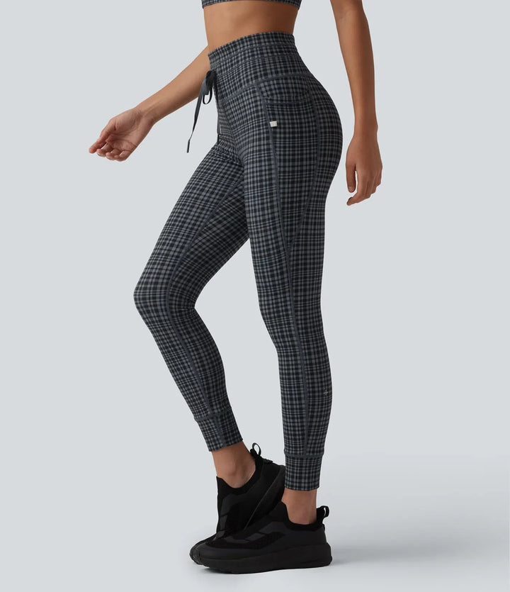 Milejka UltraSculpt Check w kratę print z wysokim stanem i sznurkiem legginsy do jogi z kieszeniami