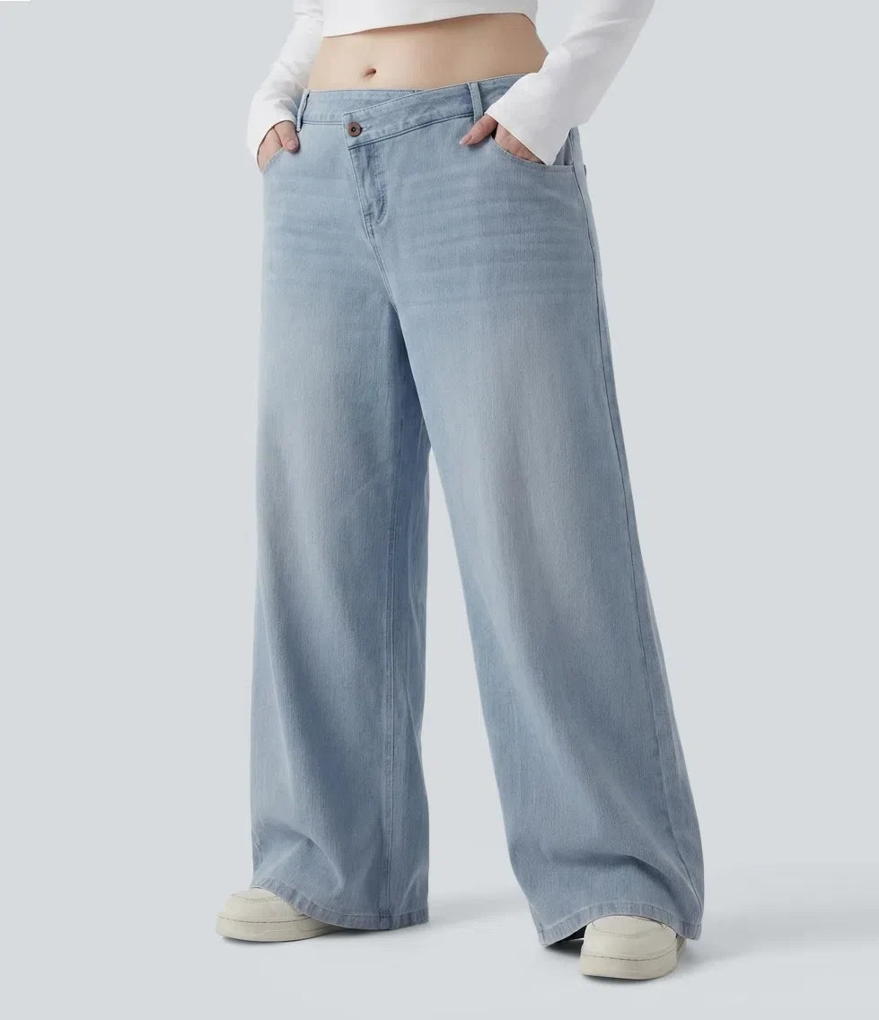 Plus size Milejka Flex asymetryczny z niskim stanem z szeroką nogawką sprany jeansy na co dzień z kieszeniami