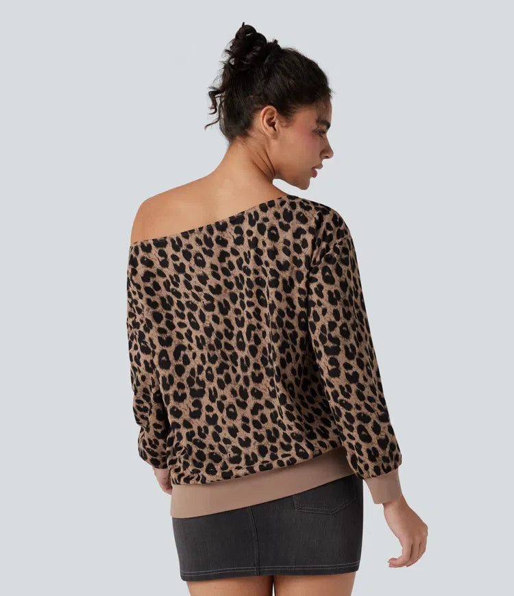 Na jedno ramię z długim rękawem waflowy Leopard bluza na co dzień z kieszeniami