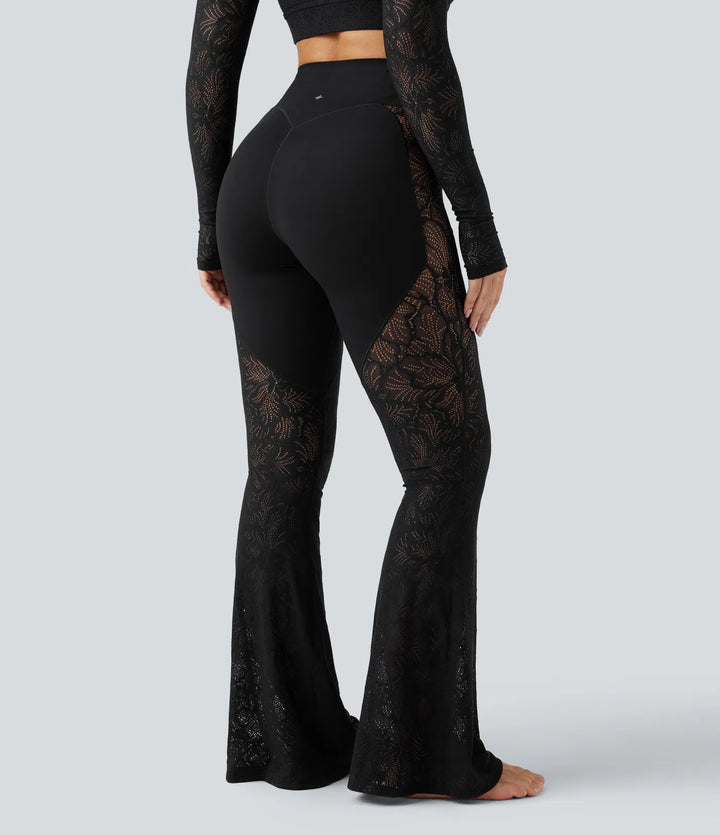 Halara UltraSculpt legginsy do jogi z wysokim stanem, modelujące brzuch, z kontrastową koronką, rozkloszowane, z kieszenią