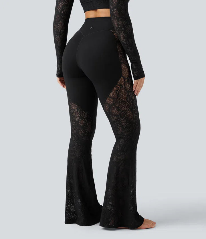 Halara UltraSculpt legginsy do jogi z wysokim stanem, modelujące brzuch, z kontrastową koronką, rozkloszowane, z kieszenią