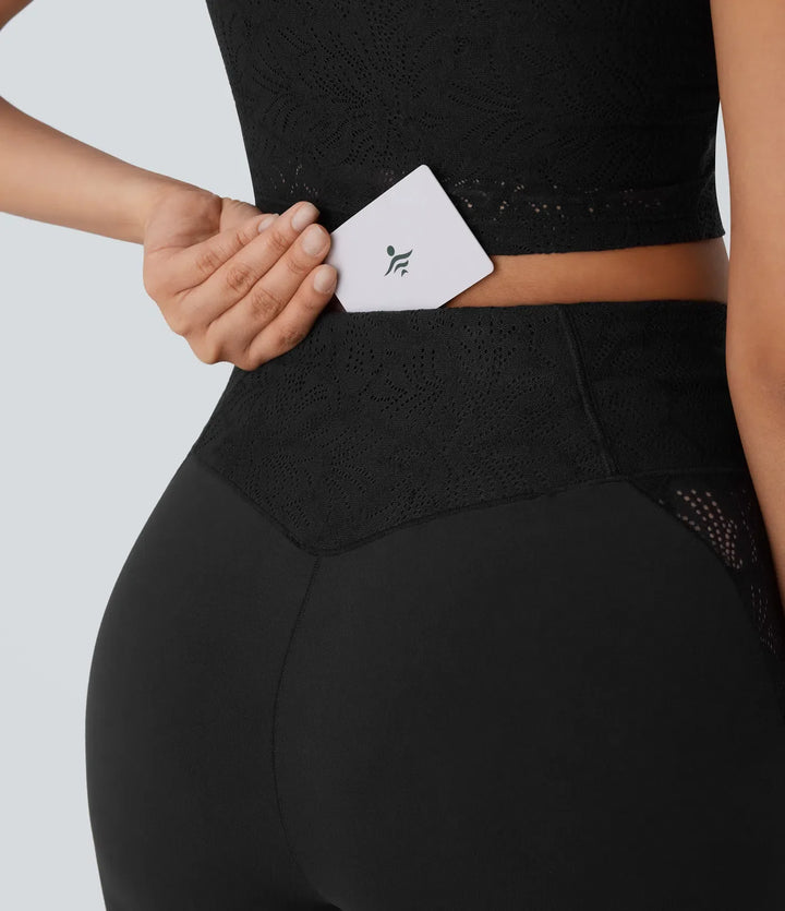 SoftlyZero z wysokim stanem krzyżowany kieszeń kontrastowa koronka flare legginsy do jogi