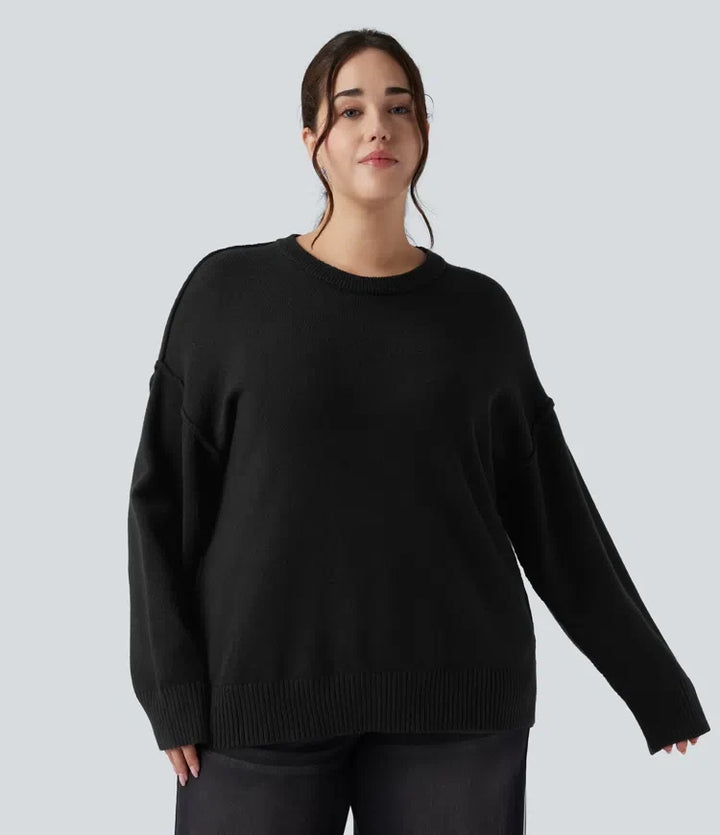 Z okrągłym dekoltem z opuszczonym ramieniem z długim rękawem na co dzień plus size sweter