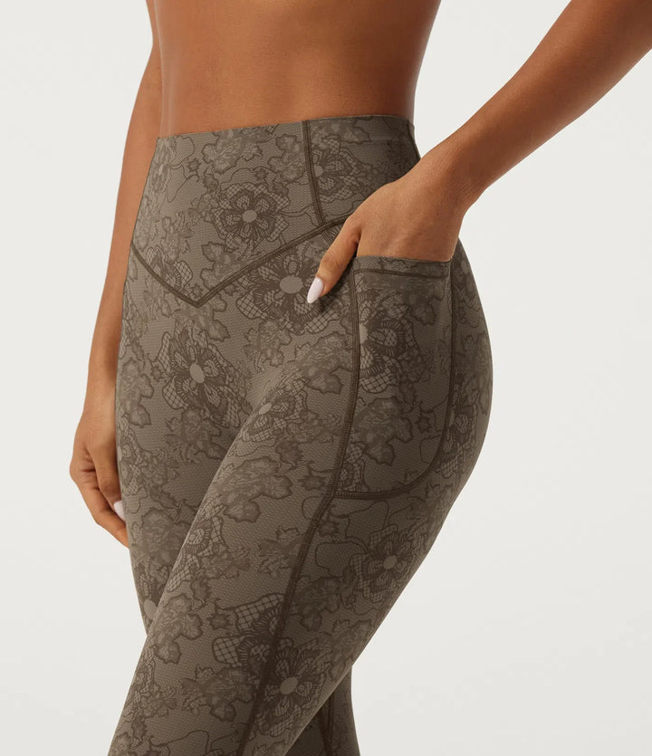 Milejka UltraSculpt z wysokim stanem modelujące brzuch unoszące pośladki kontrastowa koronka flare legginsy do jogi z kieszeniami