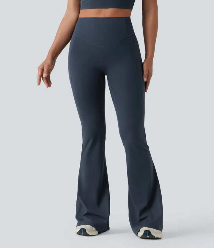 Halara UltraSculpt legginsy do jogi z wysokim stanem, marszczonym tyłem unoszącym pośladki, modelujące brzuch, z rozkloszowanymi nogawkami i kieszeniami