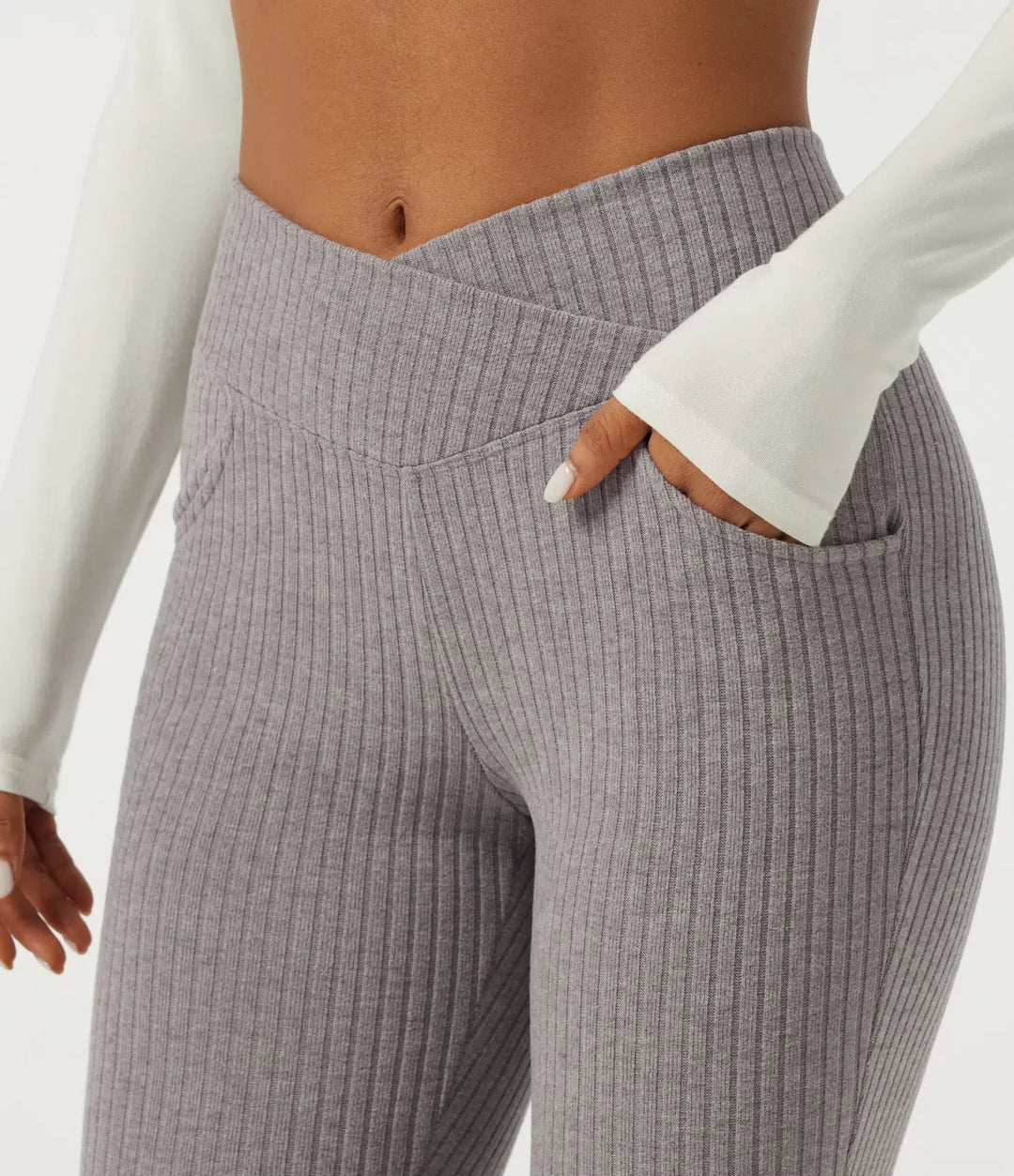 Prążkowana dzianina krzyżowany z wysokim stanem skinny legginsy na co dzień z kieszeniami