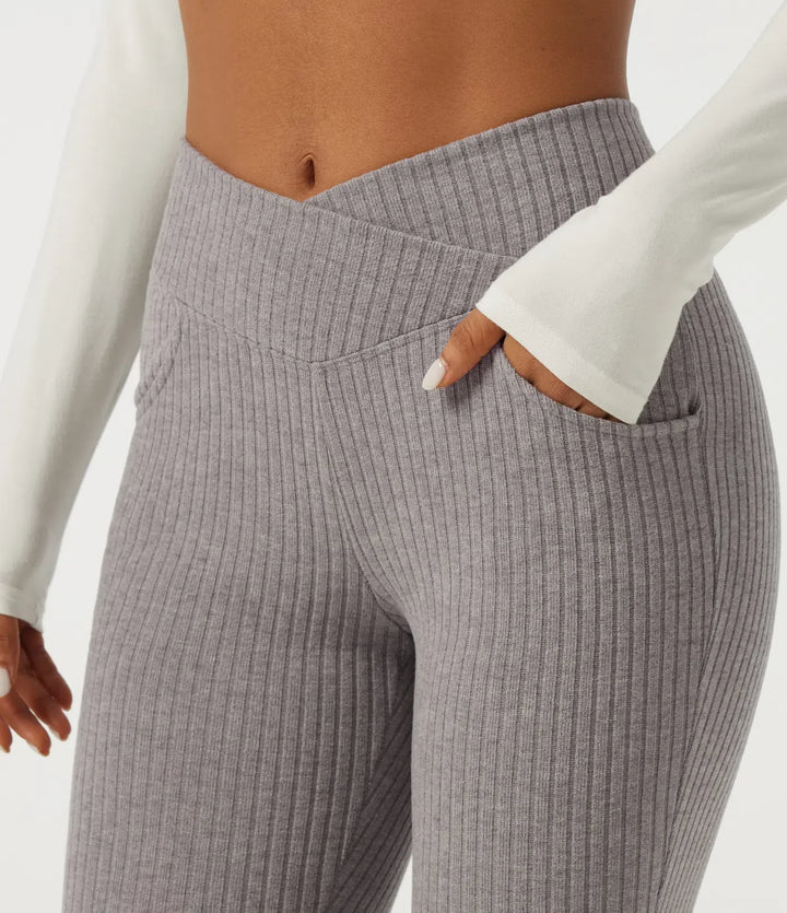 Prążkowana dzianina krzyżowany z wysokim stanem skinny legginsy na co dzień z kieszeniami