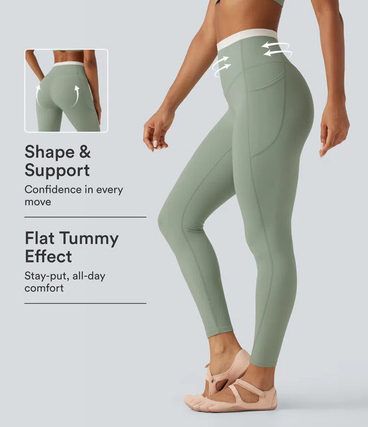 Halara UltraSculpt dopasowane legginsy do jogi z wysokim stanem, efektem modelującym brzuch, w designie color block i kieszeniami.