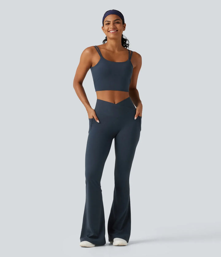 Milejka UltraSculpt z wysokim stanem krzyżowany modelujące brzuch flare treningowy legginsy z kieszeniami