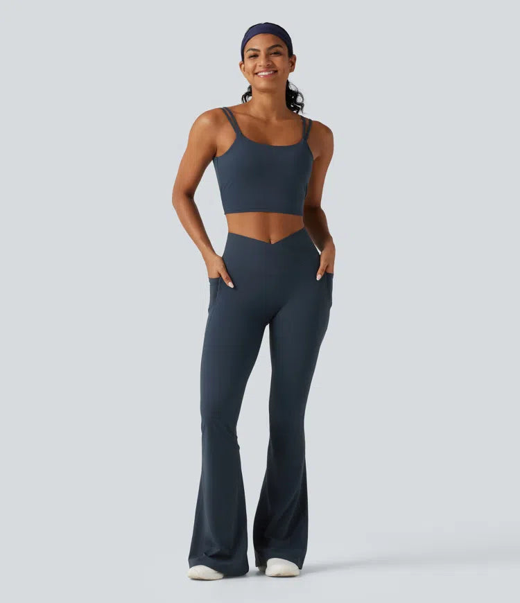 Halara UltraSculpt legginsy treningowe z wysokim, skrzyżowanym stanem, modelujące brzuch, z rozkloszowanymi nogawkami i kieszeniami