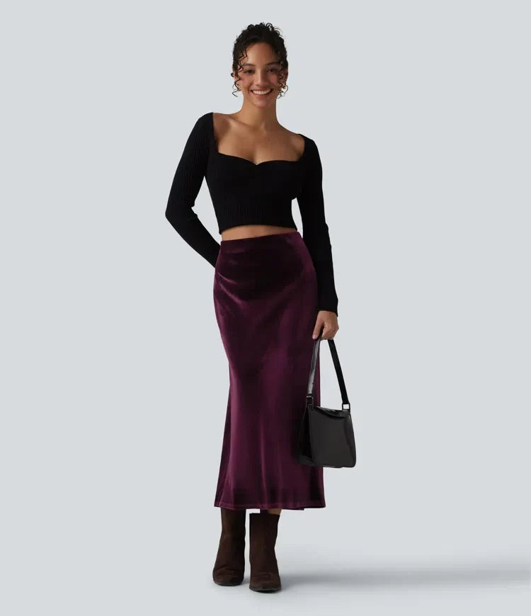 Z wysokim stanem aksamitny midi do pracy spódnica