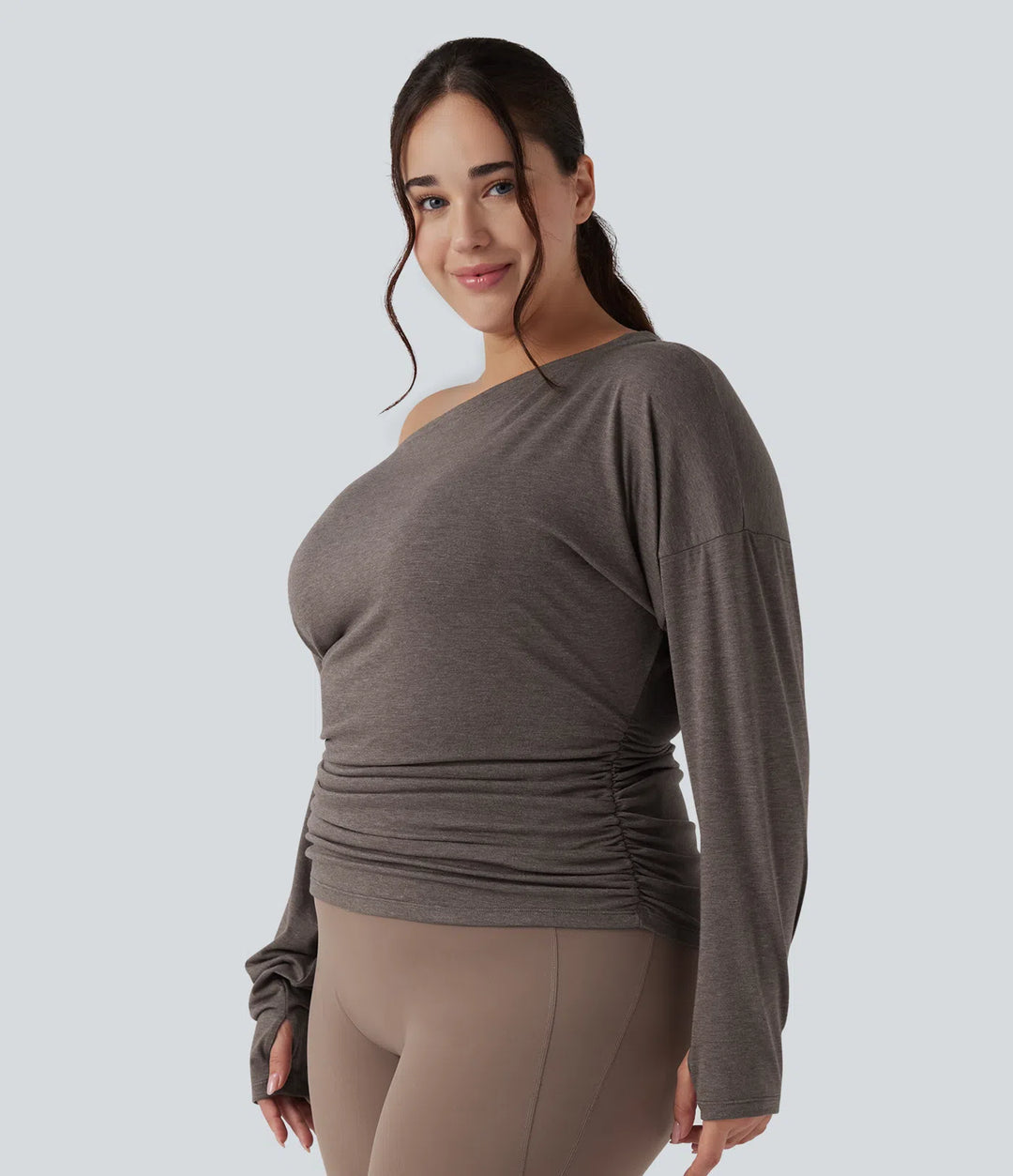 Top sportowy plus size na jogę, na jedno ramię, z długim rękawem, z otworem na kciuk i marszczeniem