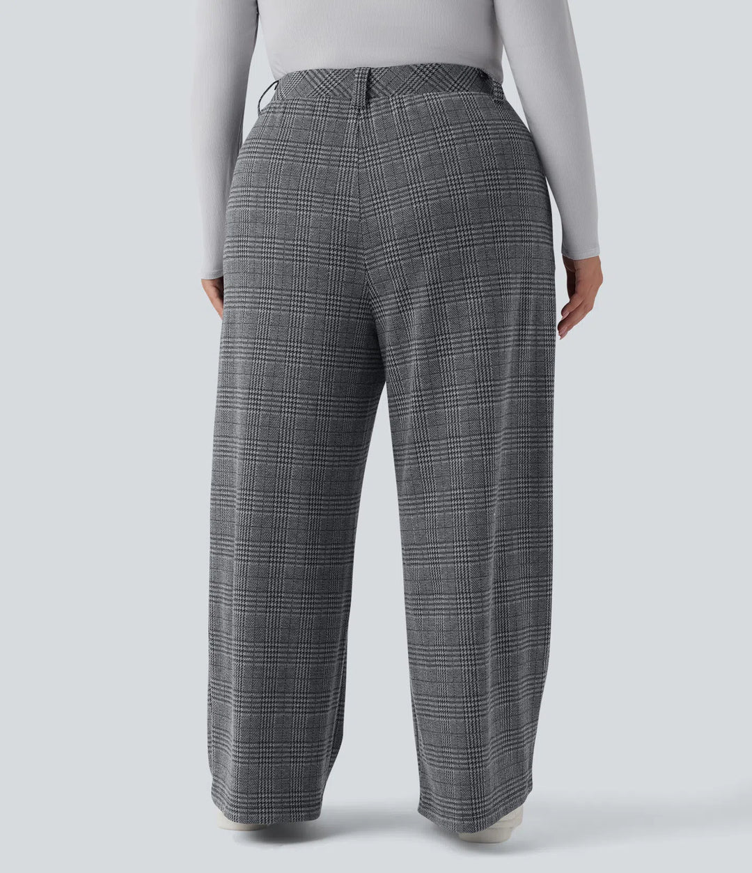 Spodnie plus size z wysokim stanem, szerokimi nogawkami i wzorem pepitki, casualowe, z kieszeniami