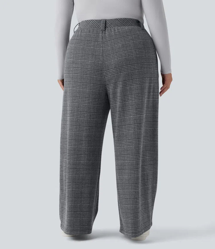 Spodnie plus size z wysokim stanem, szerokimi nogawkami i wzorem pepitki, casualowe, z kieszeniami