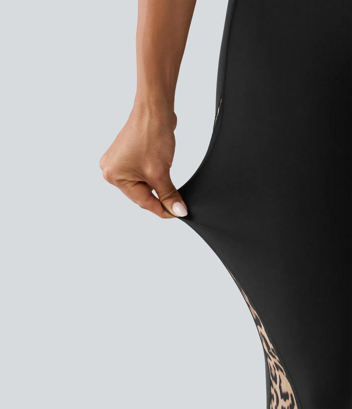 Z wysokim stanem skinny kontrastowa siateczka w panterkę kolor block legginsy do jogi z kieszeniami