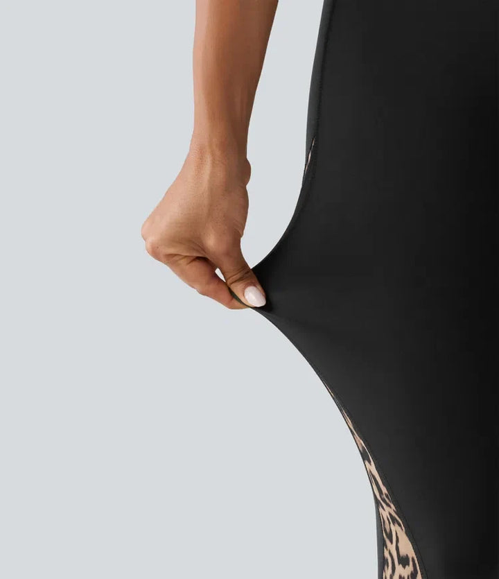 Z wysokim stanem skinny kontrastowa siateczka w panterkę kolor block legginsy do jogi z kieszeniami