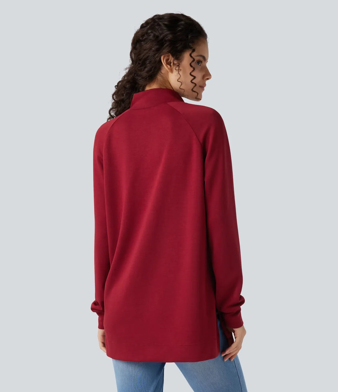 Z półgolfem z długim rękawem z rozcięciem high-low luźny bluza na co dzień