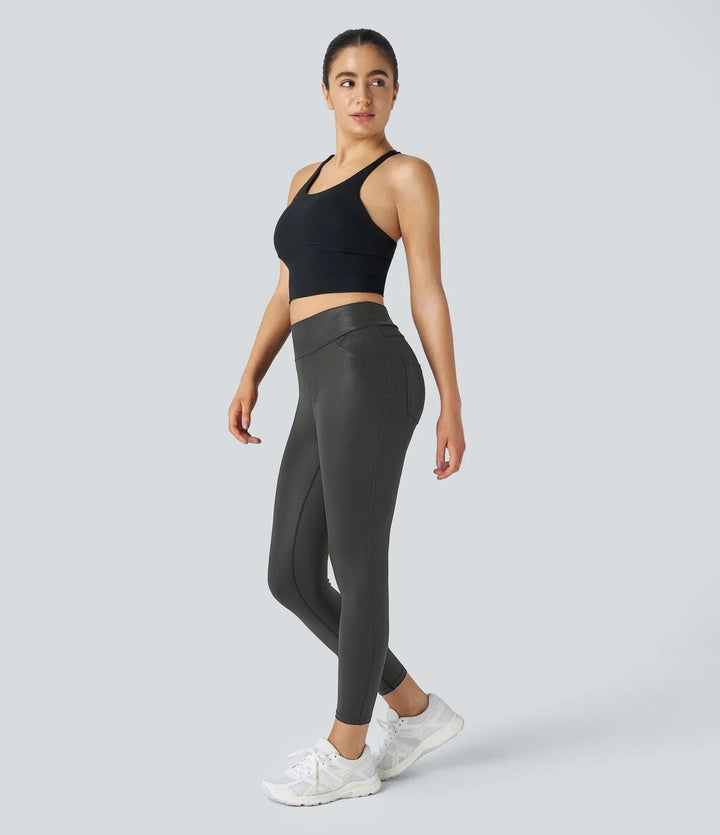 SoftlyZero ze skóry ekologicznej z wysokim stanem i kieszenią do pracy legginsy