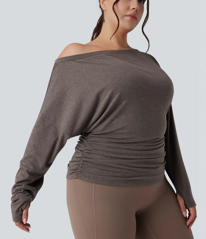 Top sportowy plus size na jogę, na jedno ramię, z długim rękawem, z otworem na kciuk i marszczeniem