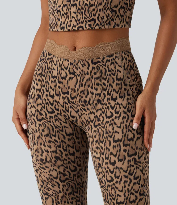 Halara UltraSculpt legginsy do jogi z kieszeniami, rozkloszowane, w panterkę, z wysokim stanem w kształcie V i kontrastową koronką