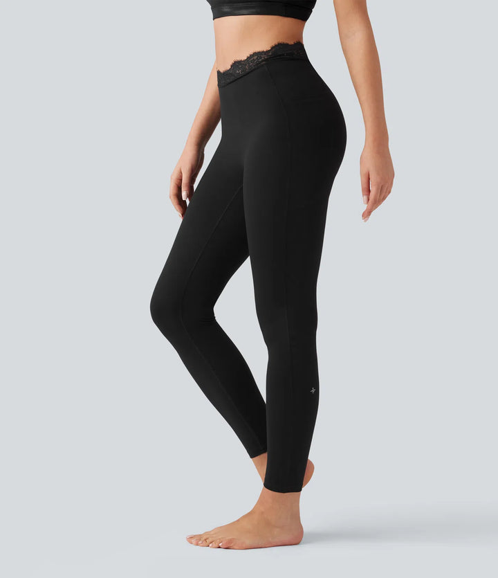 Halara UltraSculpt legginsy do jogi w kształcie litery V z wysokim stanem, kontrastową koronką i kieszeniami