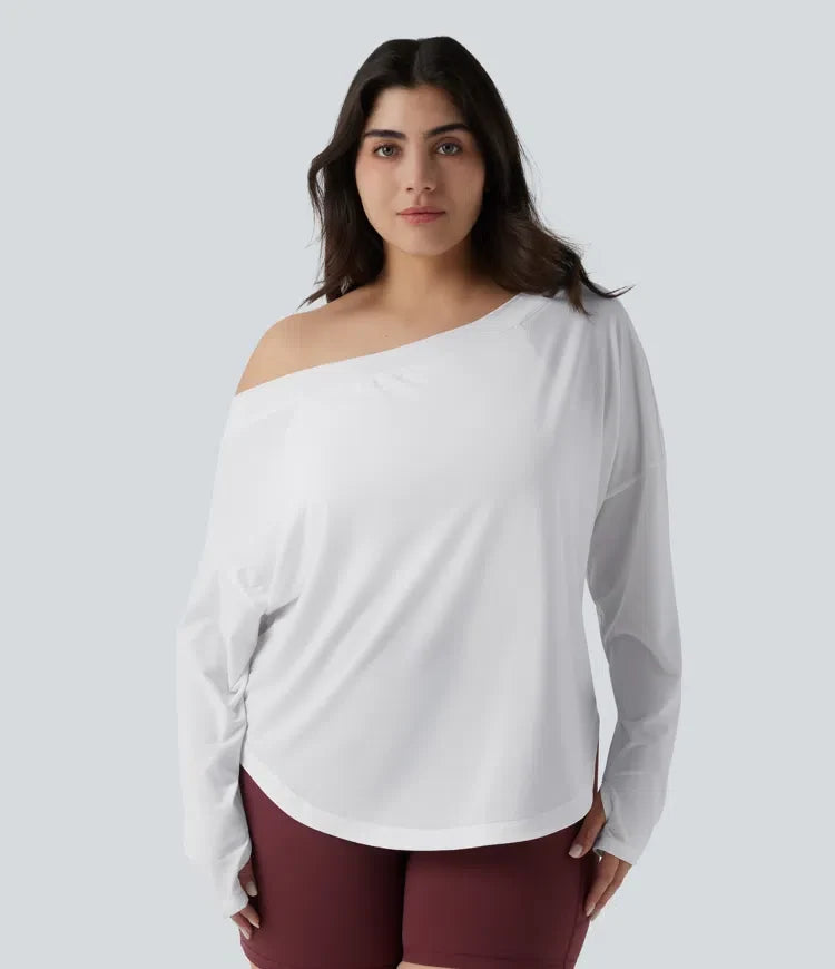 Na jedno ramię z długim rękawem z otworem na kciuk z zaokrąglonym dołem High Low szybkoschnący joga plus size top sportowy-z wbudowanym biustonoszem