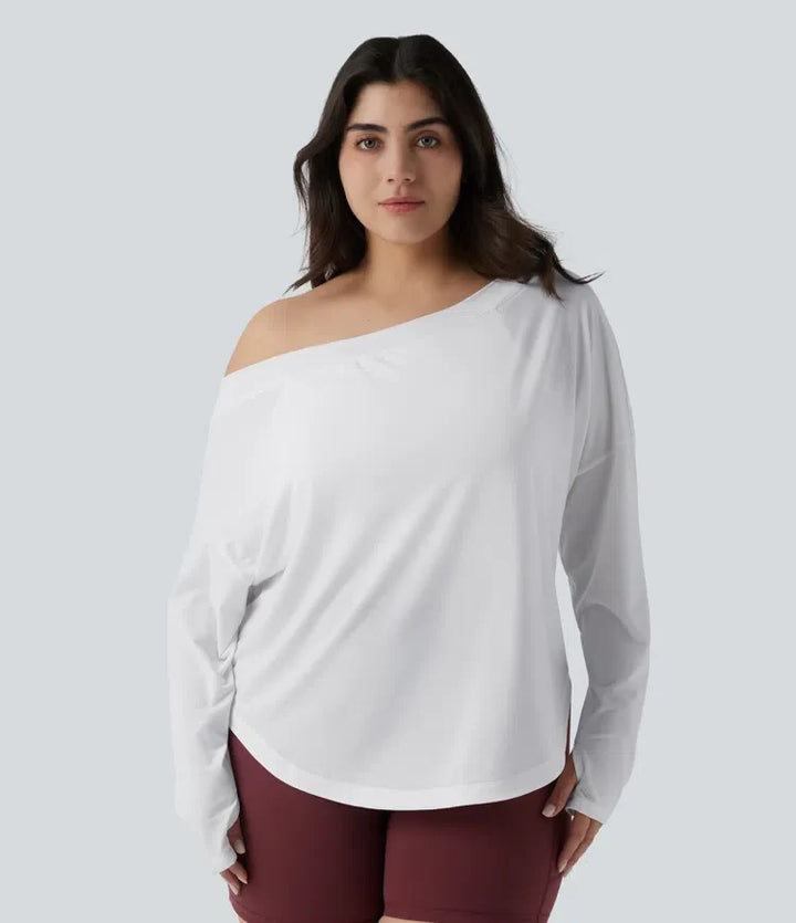 Na jedno ramię z długim rękawem z otworem na kciuk z zaokrąglonym dołem High Low szybkoschnący joga plus size top sportowy-z wbudowanym biustonoszem