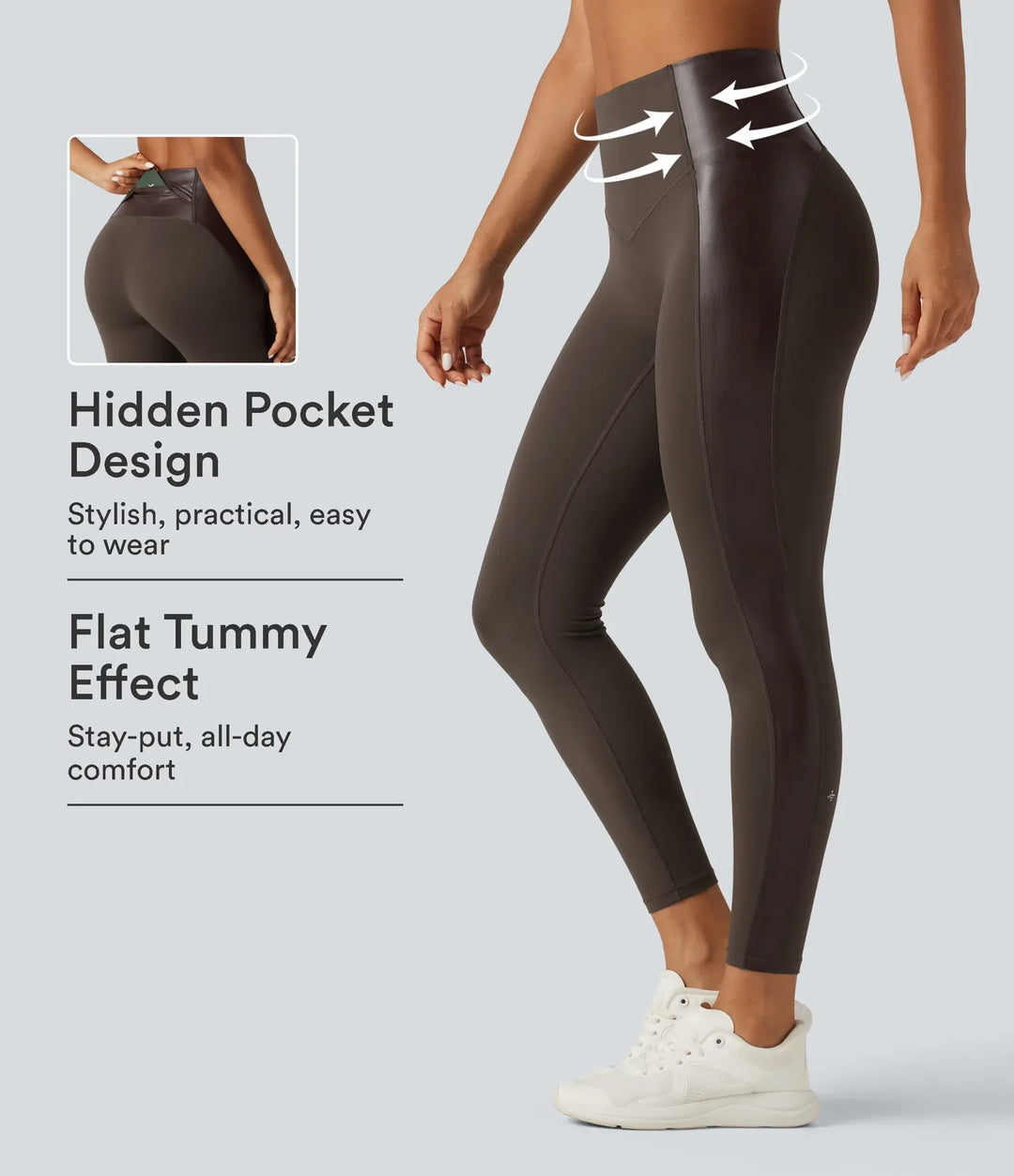 Milejka UltraSculpt z wysokim stanem elastyczny PU modelujące brzuch legginsy do jogi z kieszenią