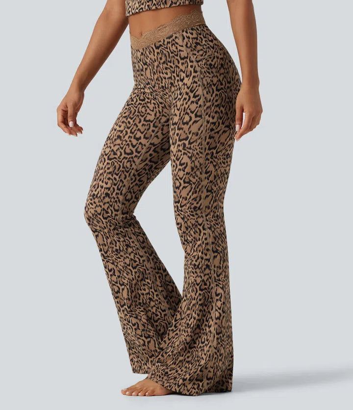 Halara UltraSculpt legginsy do jogi z kieszeniami, rozkloszowane, w panterkę, z wysokim stanem w kształcie V i kontrastową koronką