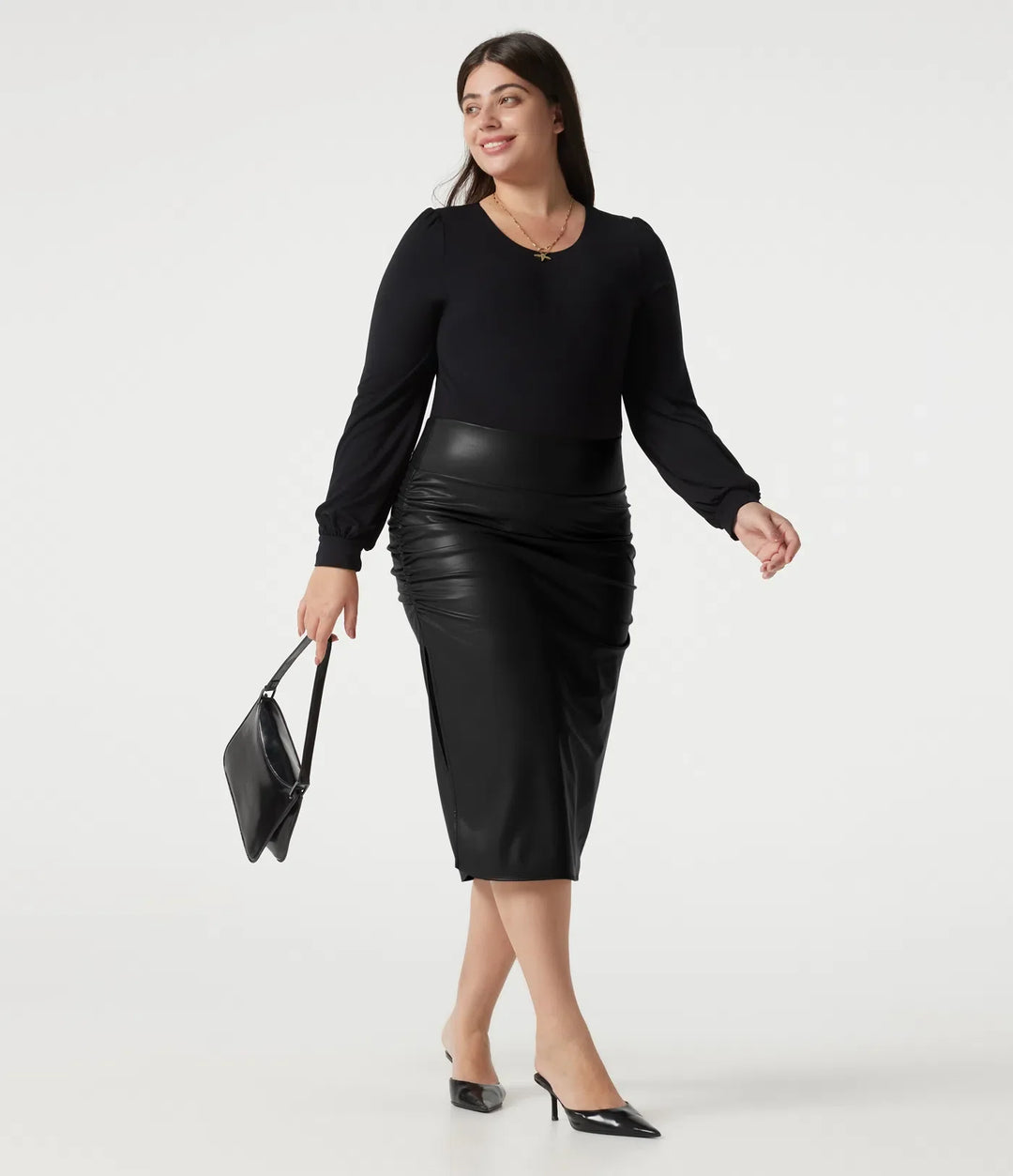 Plus size z wysokim stanem modelujące brzuch marszczony z zaokrąglonym dołem 2-in-1 polarowy PU skórzany midi na co dzień spódnica