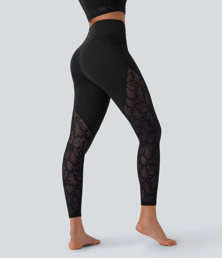 SoftlyZero legginsy do jogi 7/8 z wysokim stanem, przekładaną kieszenią i kontrastową koronką