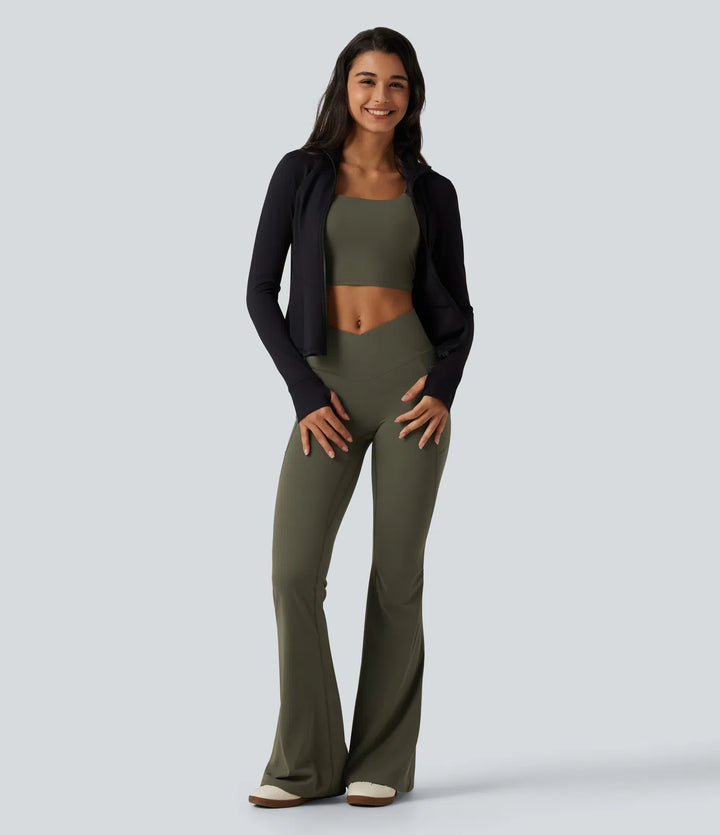 Halara UltraSculpt legginsy z wysokim stanem, z krzyżowanym pasem, marszczonym tyłem podnoszącym pośladki, modelujące i kontrolujące brzuch, z rozszerzanymi nogawkami do jogi, z kieszeniami