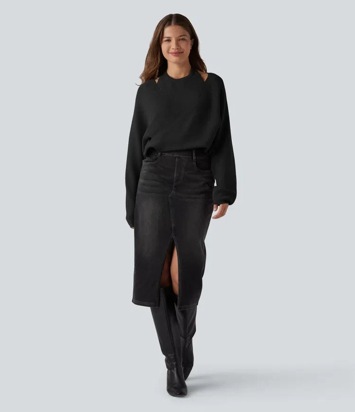 Halter z długim rękawem kopertowy 2-in-1 sweter na co dzień