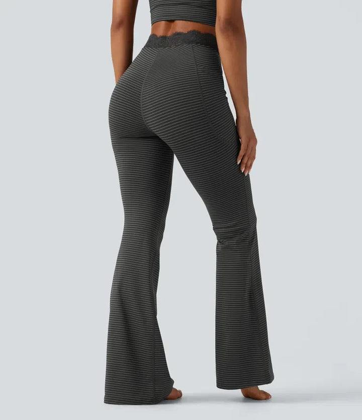 V-Shaped z wysokim stanem kontrastowa koronka w paski joga legginsy flare z kieszeniami