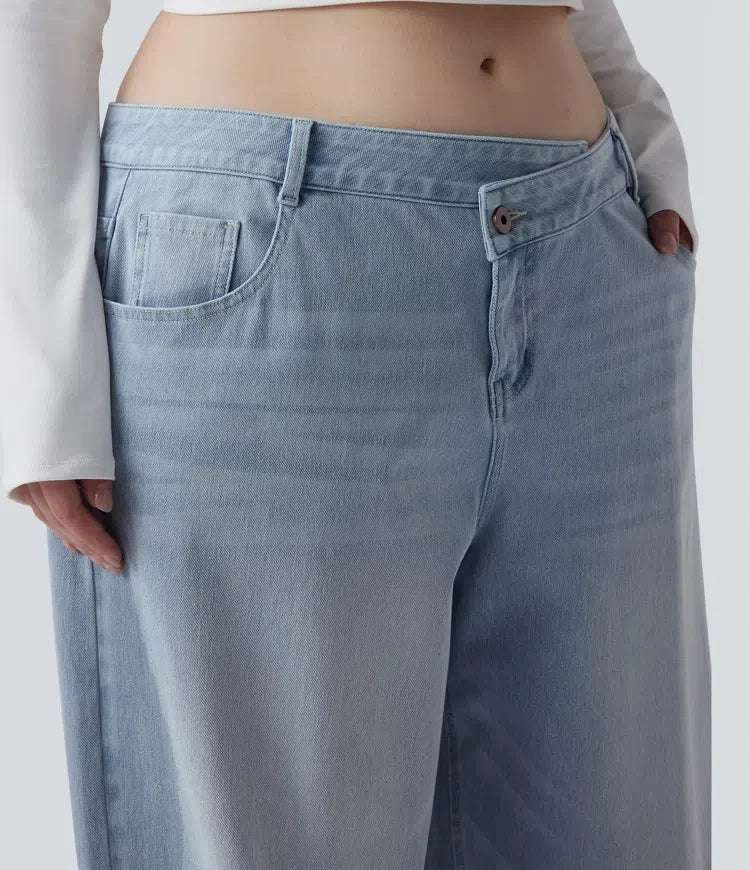 Plus size Milejka Flex asymetryczny z niskim stanem z szeroką nogawką sprany jeansy na co dzień z kieszeniami
