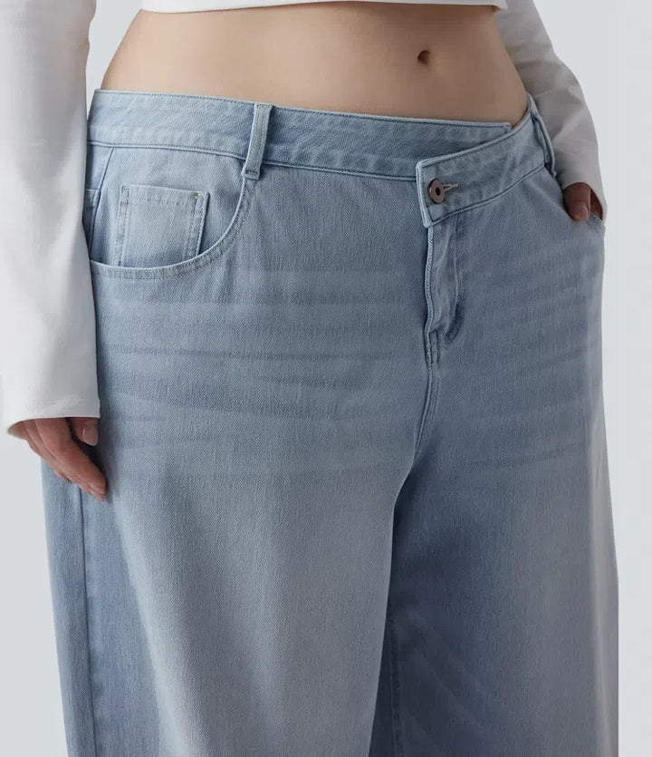 Plus size Milejka Flex asymetryczny z niskim stanem z szeroką nogawką sprany jeansy na co dzień z kieszeniami